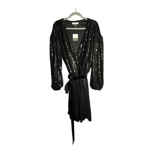 Eloquii Black Long Balloon Sleeve Sequin Wrap Dress Velvet Belt Size 22/24